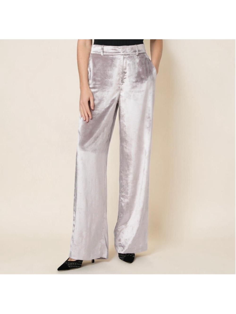 PAIGE Silver Velvet Wide Leg Pants NWT Sz 4 Icy Gray - Picture 13 of 16